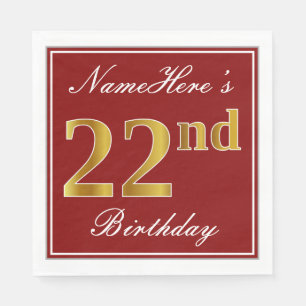 Elegant Red, Faux Gold 22nd Birthday + Custom Name Napkin