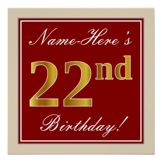 Elegant, Red, Faux Gold 22nd Birthday; Custom Name Poster (Front)