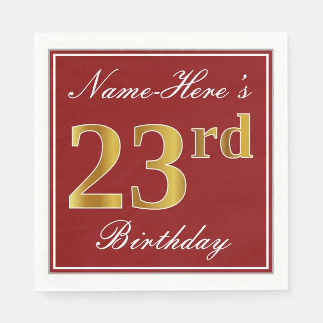 Elegant Red, Faux Gold 23rd Birthday + Custom Name Napkin (Front)