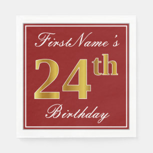 Elegant Red, Faux Gold 24th Birthday + Custom Name Napkin