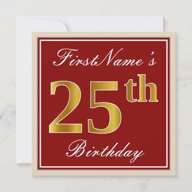 Elegant, Red, Faux Gold 25th Birthday; Custom Name Invitation (Front)