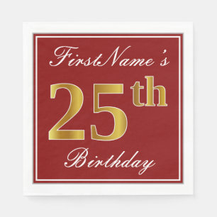 Elegant Red, Faux Gold 25th Birthday + Custom Name Napkin