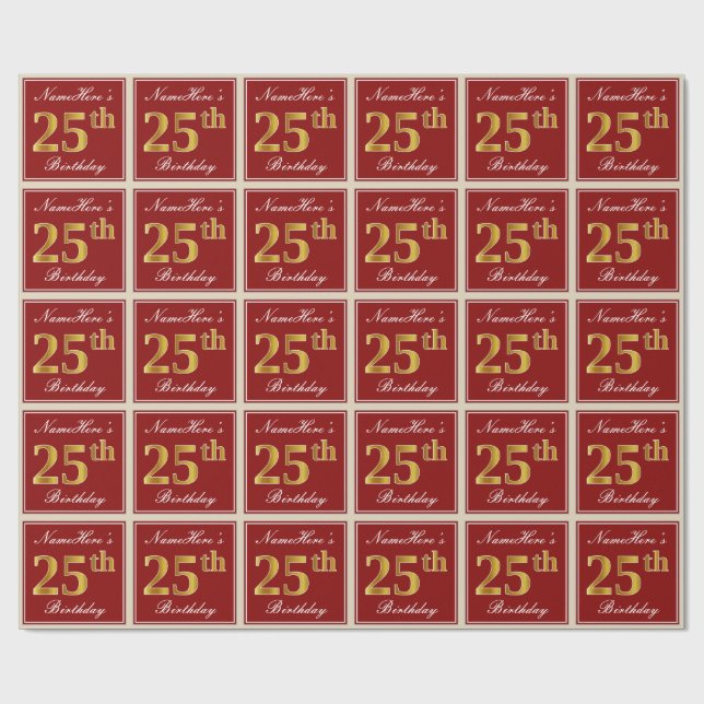 Elegant, Red, Faux Gold 25th Birthday; Custom Name Wrapping Paper (Flat)