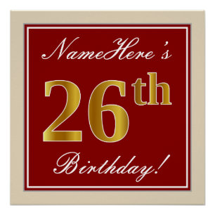 Elegant, Red, Faux Gold 26th Birthday; Custom Name Poster