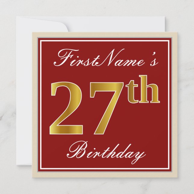 Elegant, Red, Faux Gold 27th Birthday; Custom Name Invitation (Front)