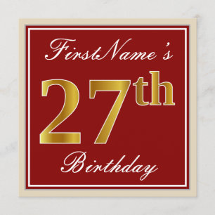 Elegant, Red, Faux Gold 27th Birthday; Custom Name Invitation