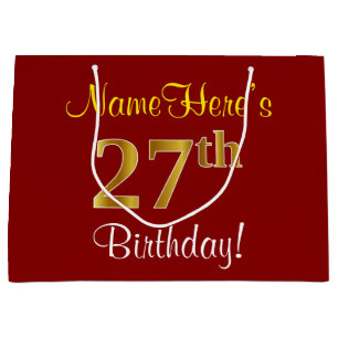 Elegant, Red, Faux Gold 27th Birthday; Custom Name Large Gift Bag