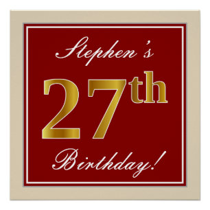 Elegant, Red, Faux Gold 27th Birthday; Custom Name Poster