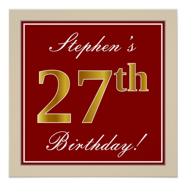 Elegant, Red, Faux Gold 27th Birthday; Custom Name Poster (Front)
