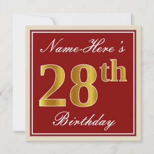 Elegant, Red, Faux Gold 28th Birthday; Custom Name Invitation