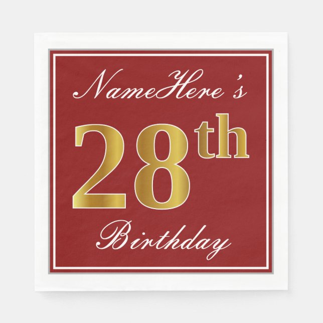 Elegant Red, Faux Gold 28th Birthday + Custom Name Napkin (Front)