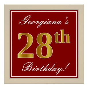 Elegant, Red, Faux Gold 28th Birthday; Custom Name Poster