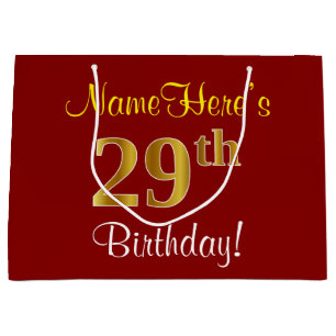 Elegant, Red, Faux Gold 29th Birthday; Custom Name Large Gift Bag