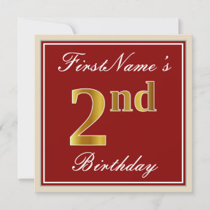 Elegant, Red, Faux Gold 2nd Birthday + Custom Name Invitation