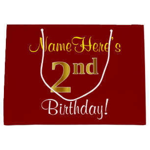 Elegant, Red, Faux Gold 2nd Birthday + Custom Name Large Gift Bag