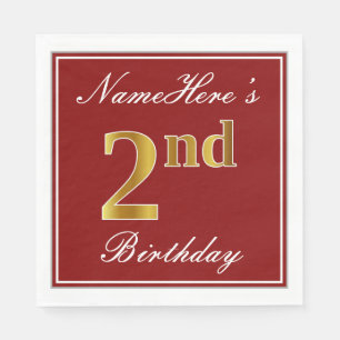 Elegant Red, Faux Gold 2nd Birthday + Custom Name Napkin