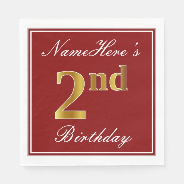 Elegant Red, Faux Gold 2nd Birthday + Custom Name Napkin (Front)