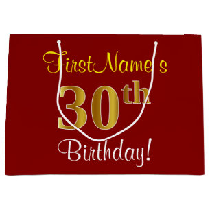 Elegant, Red, Faux Gold 30th Birthday; Custom Name Large Gift Bag