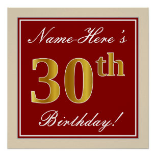 Elegant, Red, Faux Gold 30th Birthday; Custom Name Poster