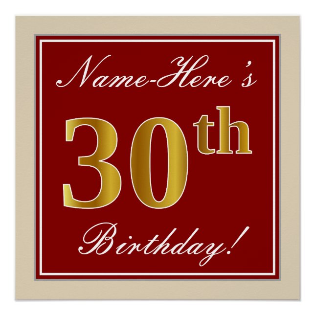 Elegant, Red, Faux Gold 30th Birthday; Custom Name Poster (Front)