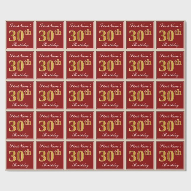 Elegant, Red, Faux Gold 30th Birthday; Custom Name Wrapping Paper (Flat)