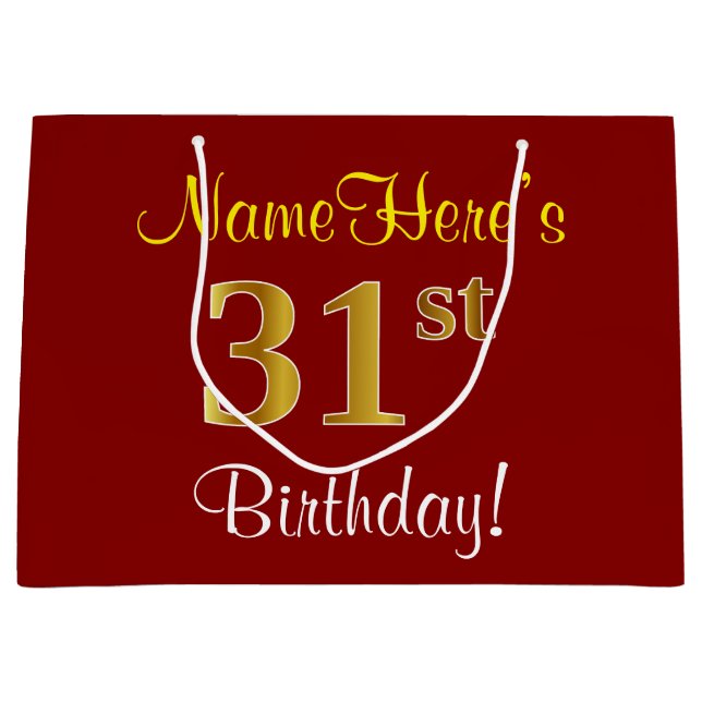 Elegant, Red, Faux Gold 31st Birthday; Custom Name Large Gift Bag (Front)