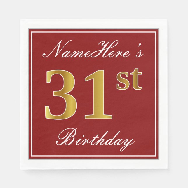 Elegant Red, Faux Gold 31st Birthday + Custom Name Napkin (Front)