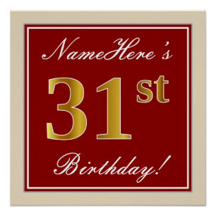 Elegant, Red, Faux Gold 31st Birthday; Custom Name Poster