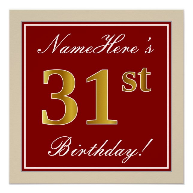 Elegant, Red, Faux Gold 31st Birthday; Custom Name Poster (Front)