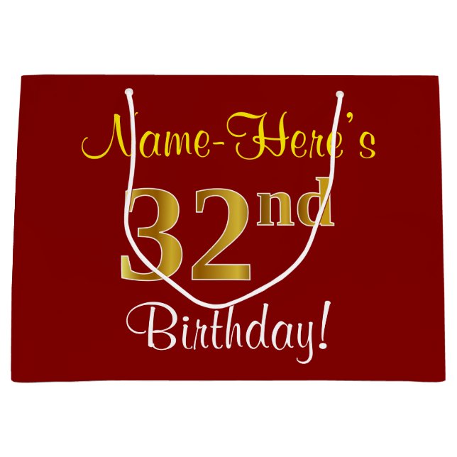 Elegant, Red, Faux Gold 32nd Birthday; Custom Name Large Gift Bag (Front)