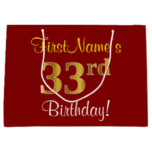 Elegant, Red, Faux Gold 33rd Birthday; Custom Name Large Gift Bag