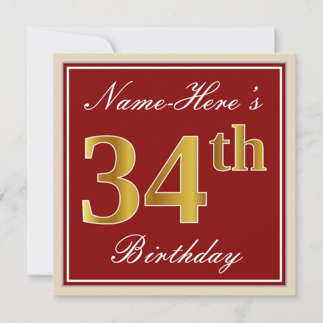 Elegant, Red, Faux Gold 34th Birthday; Custom Name Invitation (Front)