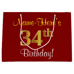Elegant, Red, Faux Gold 34th Birthday; Custom Name Large Gift Bag