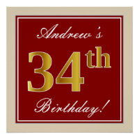 Elegant, Red, Faux Gold 34th Birthday; Custom Name