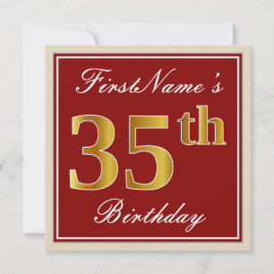 Elegant, Red, Faux Gold 35th Birthday; Custom Name Invitation