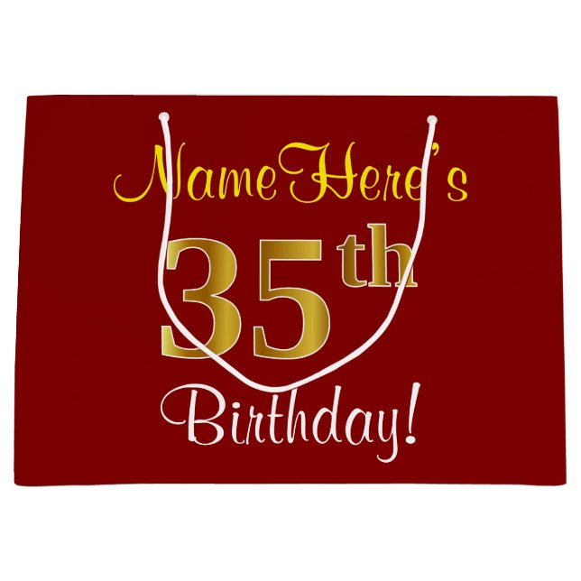 Elegant, Red, Faux Gold 35th Birthday; Custom Name Large Gift Bag (Front)