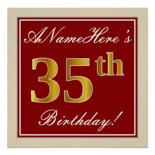 Elegant, Red, Faux Gold 35th Birthday; Custom Name Poster