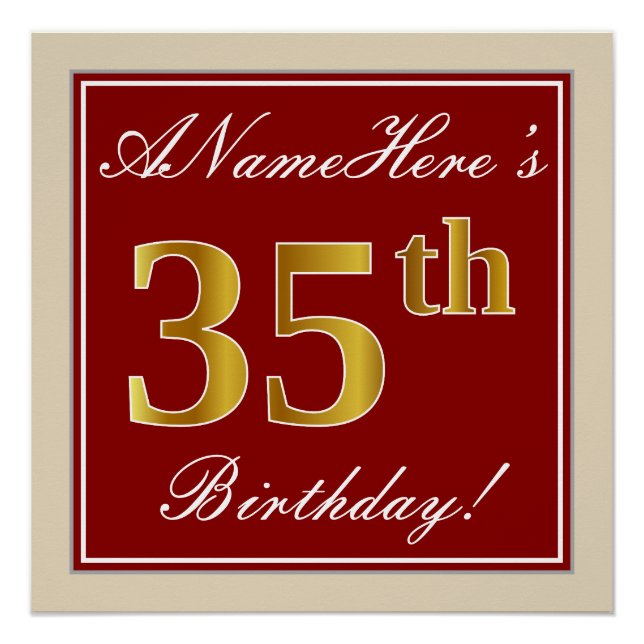Elegant, Red, Faux Gold 35th Birthday; Custom Name Poster (Front)