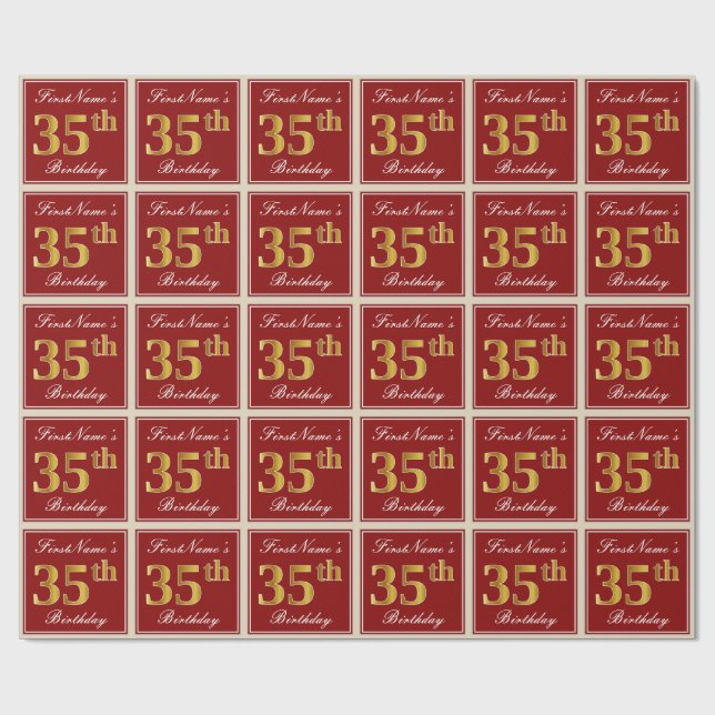 Elegant, Red, Faux Gold 35th Birthday; Custom Name Wrapping Paper (Flat)