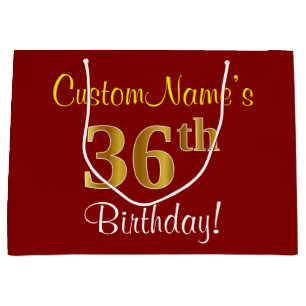 Elegant, Red, Faux Gold 36th Birthday; Custom Name Large Gift Bag