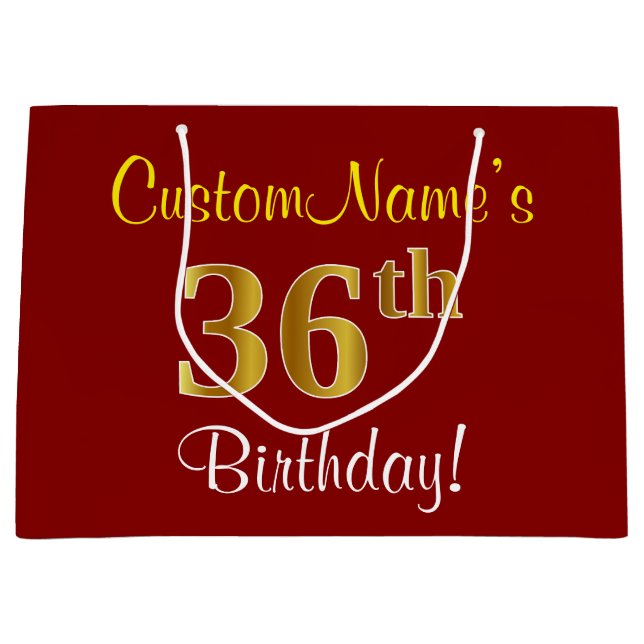 Elegant, Red, Faux Gold 36th Birthday; Custom Name Large Gift Bag (Front)