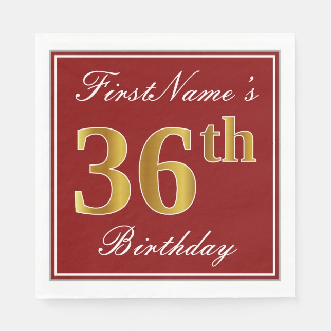 Elegant Red, Faux Gold 36th Birthday + Custom Name Napkin (Front)