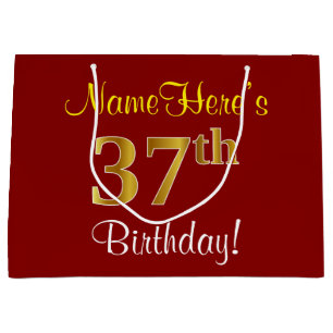 Elegant, Red, Faux Gold 37th Birthday; Custom Name Large Gift Bag