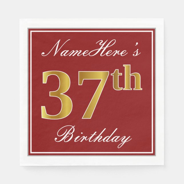 Elegant Red, Faux Gold 37th Birthday + Custom Name Napkin (Front)