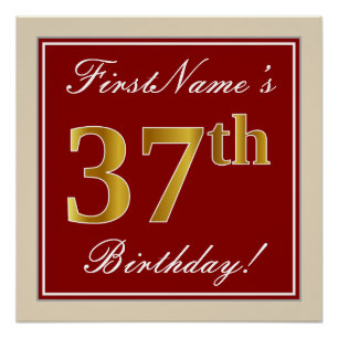Elegant, Red, Faux Gold 37th Birthday; Custom Name Poster