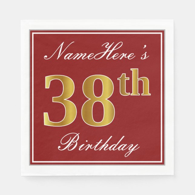 Elegant Red, Faux Gold 38th Birthday + Custom Name Napkin (Front)