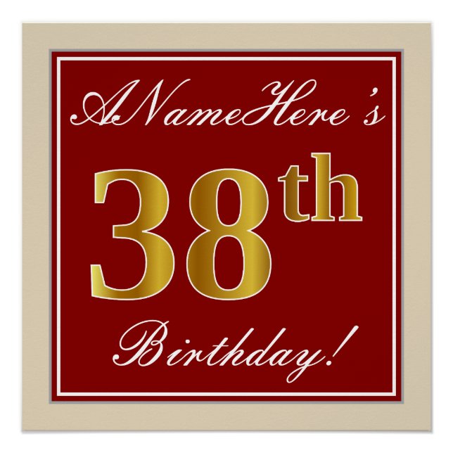Elegant, Red, Faux Gold 38th Birthday; Custom Name Poster (Front)