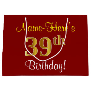 Elegant, Red, Faux Gold 39th Birthday; Custom Name Large Gift Bag