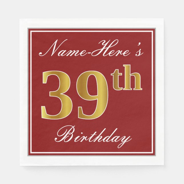 Elegant Red, Faux Gold 39th Birthday + Custom Name Napkin (Front)