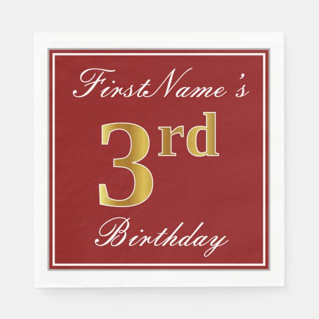 Elegant Red, Faux Gold 3rd Birthday + Custom Name Napkin (Front)